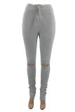 Grey Fashion Casual Solid Ripped Fold Regular Mid Waist Trousers