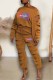 Dark Brown Street Print Ripped Letter Oblique Collar Long Sleeve Two Pieces