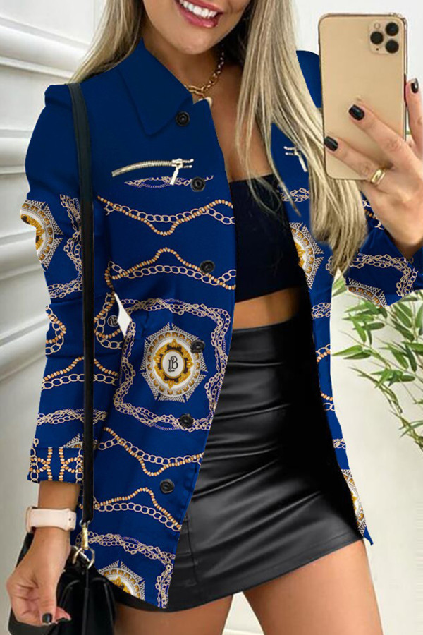 Blue Casual Print Patchwork Turndown Collar Outerwear