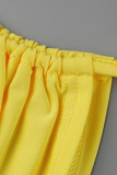 Yellow Sexy Solid Hollowed Out Patchwork Backless One Shoulder Sleeveless Two Pieces