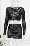 Black Sexy Patchwork Hollowed Out See-through O Neck Long Sleeve Two Pieces