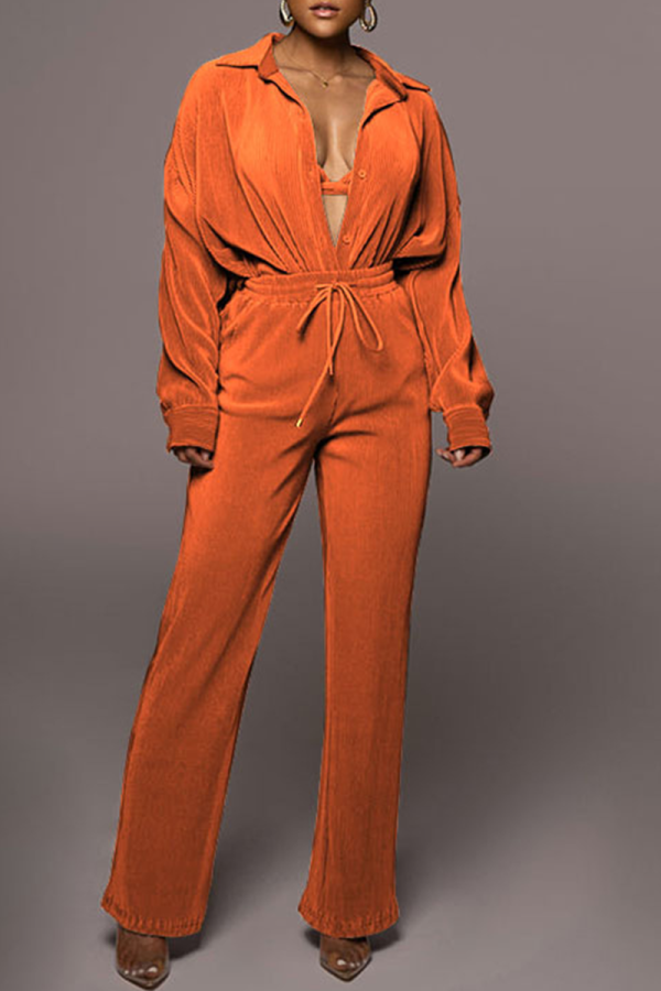 Tangerine Red Casual Solid Patchwork Turndown Collar Long Sleeve Two Pieces