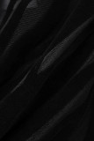 Black Sexy Patchwork Hollowed Out See-through O Neck Long Sleeve Two Pieces