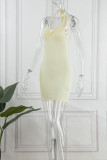 Apricot Sexy Solid Bandage Backless Cold Shoulder Sling Dress Dresses