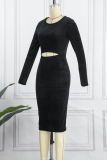 Blue Sexy Solid Hollowed Out O Neck Pencil Skirt Dresses