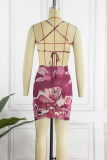 Burgundy Sexy Print Bandage Backless Spaghetti Strap Sleeveless Dress Dresses
