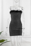 Burgundy Sexy Patchwork Backless Strapless Sleeveless Dress