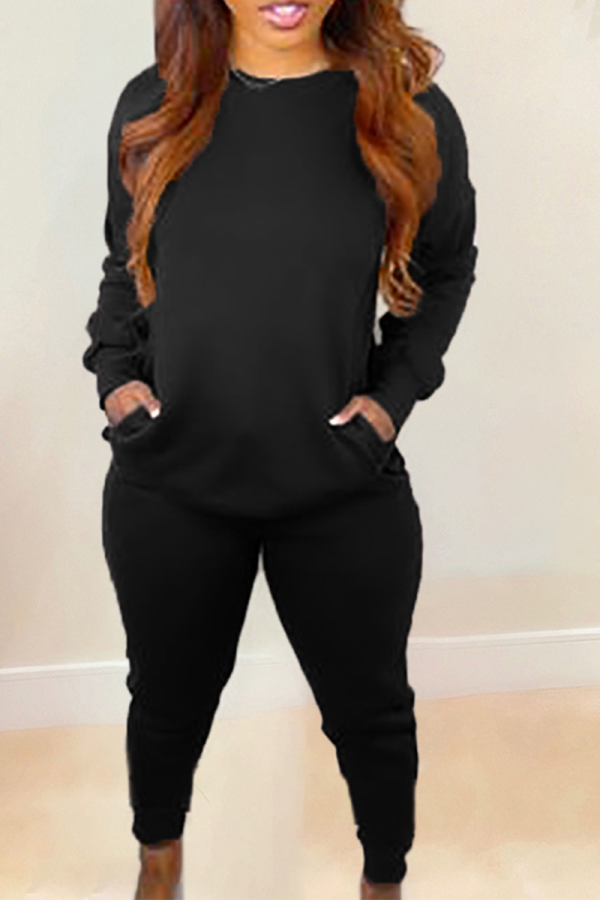 Black Casual Solid Patchwork O Neck Long Sleeve Two Pieces