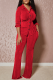 Red Street Solid Fold Turndown Collar Long Sleeve Two Pieces