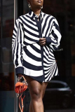 Black White Casual Animal Print Patchwork Turndown Collar Shirt Dress Dresses