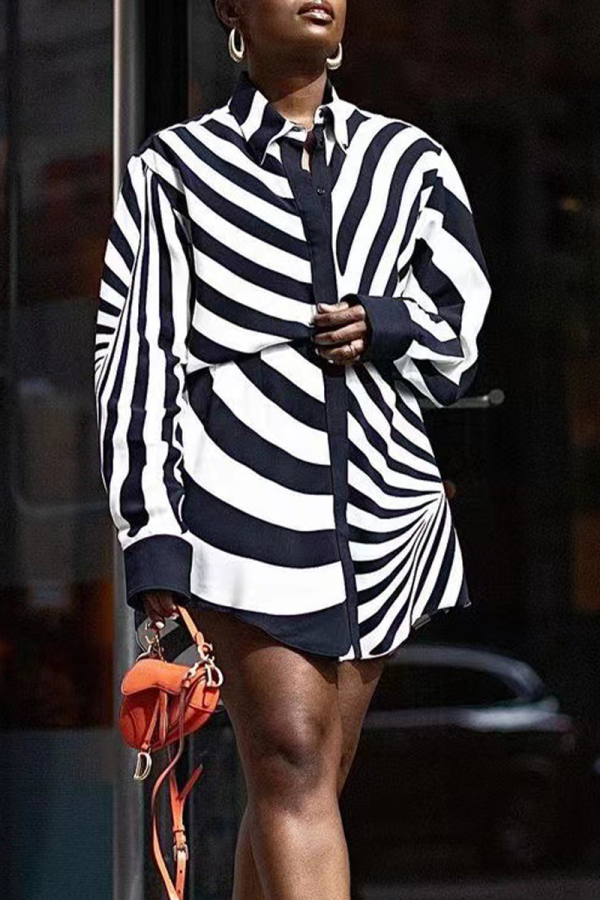 Black White Casual Animal Print Patchwork Turndown Collar Shirt Dress Dresses