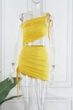 Yellow Sexy Solid Hollowed Out Patchwork Backless One Shoulder Sleeveless Two Pieces