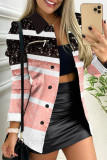 Pink Casual Print Patchwork Turndown Collar Outerwear
