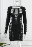 Blue Sexy Solid Ripped Hollowed Out O Neck Long Sleeve Dresses
