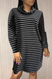 Black Casual Striped Patchwork Turtleneck Straight Dresses