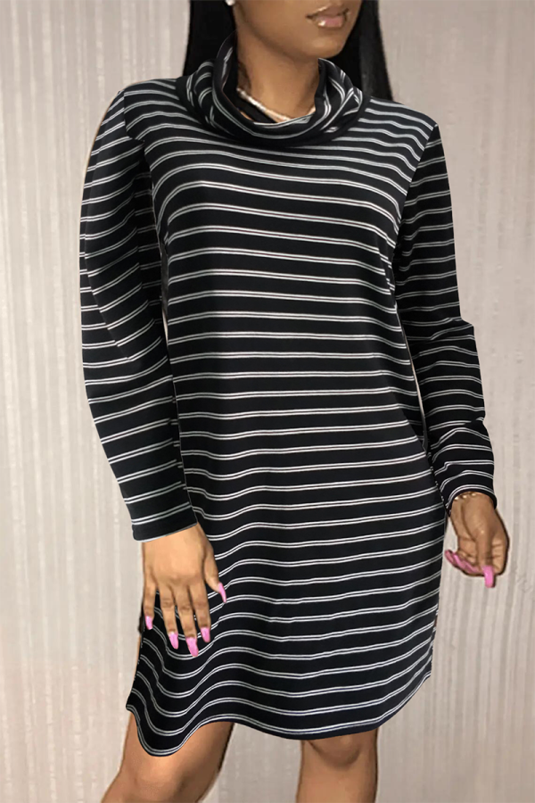 Black Casual Striped Patchwork Turtleneck Straight Dresses
