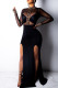 Black Sexy Print Patchwork See-through Slit Turtleneck Long Sleeve Dresses