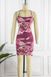 Burgundy Sexy Print Bandage Backless Spaghetti Strap Sleeveless Dress Dresses