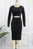 Blue Sexy Solid Hollowed Out O Neck Pencil Skirt Dresses
