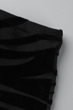 Black Sexy Patchwork Hollowed Out See-through O Neck Long Sleeve Two Pieces