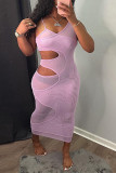 Grey Fashion Sexy Solid Hollowed Out Backless V Neck Sling Dress