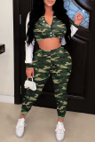Army Green Casual Camouflage Print Patchwork Long Sleeve Two Pieces