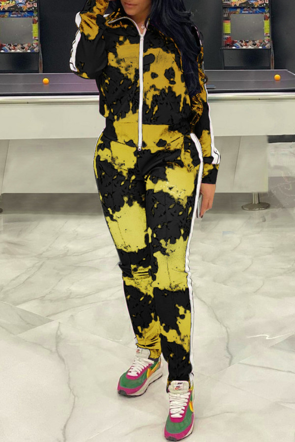 Gold Casual Print Patchwork Zipper Collar Long Sleeve Two Pieces