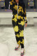 Gold Casual Print Patchwork Zipper Collar Long Sleeve Two Pieces