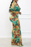 Green Street Print Patchwork Turndown Collar Long Sleeve Two Pieces