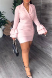 Pink Casual Solid Patchwork Turn-back Collar Long Sleeve Dresses