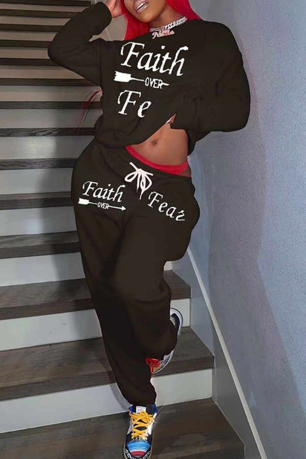 Black Casual Letter Print Basic O Neck Long Sleeve Two Pieces
