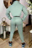 Light Blue Casual Solid Patchwork Zipper Collar Long Sleeve Two Pieces
