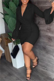 Pink Casual Solid Patchwork Turn-back Collar Long Sleeve Dresses