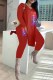 Red Casual Print Slit Letter V Neck Long Sleeve Two Pieces