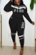 Black Casual Print Letter Hooded Collar Long Sleeve Two Pieces