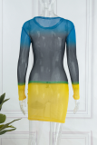 Colour Sexy Gradual Change Patchwork O Neck Pencil Skirt Dresses