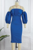 Blue Sexy Formal Solid Patchwork Backless Off the Shoulder Evening Dress Dresses