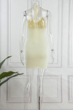 Apricot Sexy Solid Bandage Backless Cold Shoulder Sling Dress Dresses