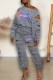 Grey Street Print Ripped Letter Oblique Collar Long Sleeve Two Pieces