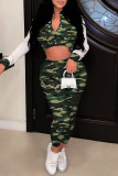 Army Green Casual Camouflage Print Patchwork Long Sleeve Two Pieces