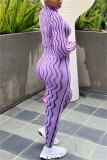 Purple Casual Print Patchwork Zipper Collar Long Sleeve Two Pieces