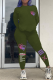 Army Green Street Print Patchwork O Neck Long Sleeve Two Pieces