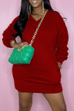 Red Casual Solid Patchwork V Neck Long Sleeve Dresses