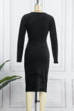 Blue Sexy Solid Hollowed Out O Neck Pencil Skirt Dresses