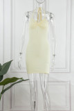 Apricot Sexy Solid Bandage Backless Cold Shoulder Sling Dress Dresses