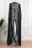 Black Sexy Patchwork Hot Drilling See-through Half A Turtleneck Skinny Jumpsuits