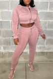 Pink Casual Solid Patchwork Zipper Collar Long Sleeve Two Pieces