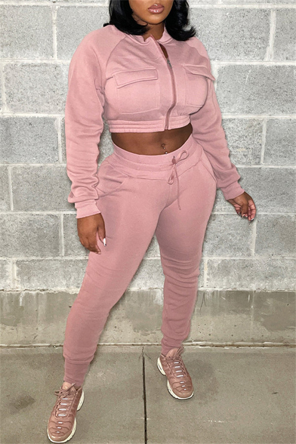 Pink Casual Solid Patchwork Zipper Collar Long Sleeve Two Pieces