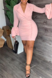 Pink Casual Solid Patchwork Turn-back Collar Long Sleeve Dresses