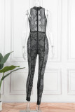 Apricot Sexy Patchwork Hot Drilling Hollowed Out See-through O Neck Skinny Jumpsuits